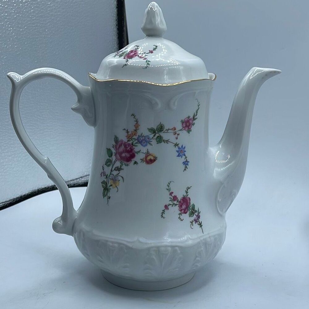 Vintage Wtoctawek Poland white porcelain teapot  gold rimmed floral .